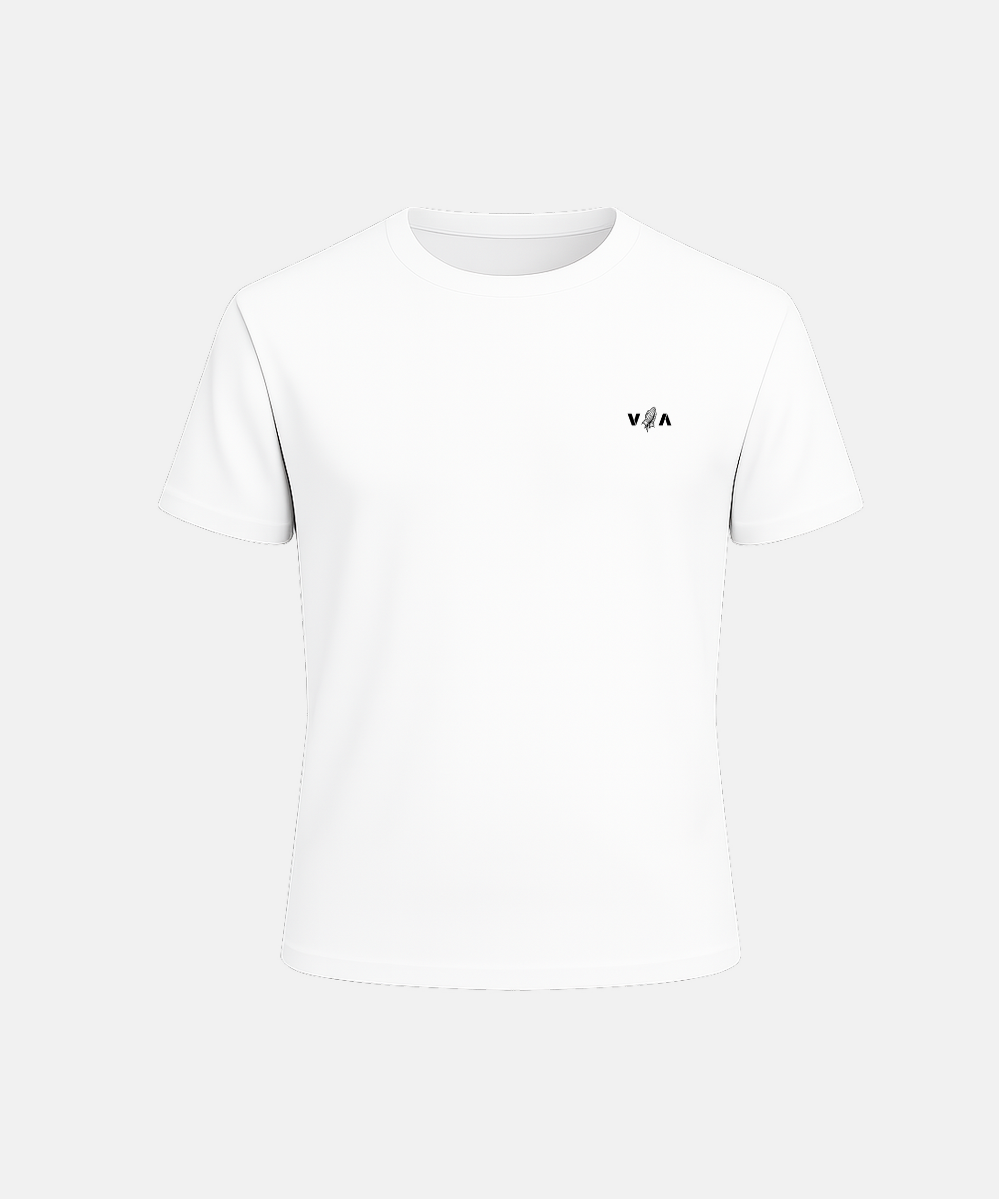 White t-shirt with a small logo on a white background