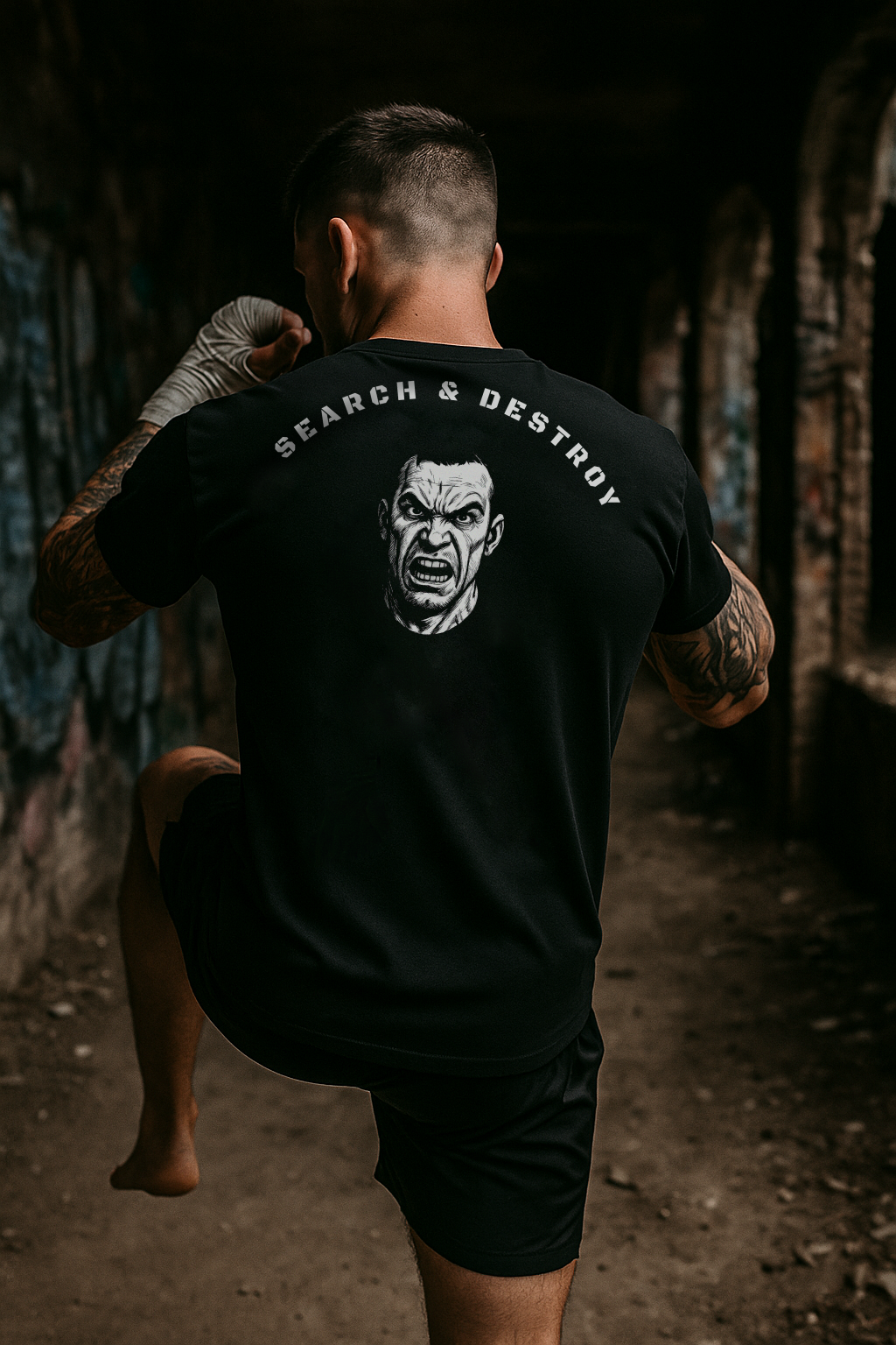 Person wearing a black t-shirt with 'Search & Destroy' graphic design in an urban setting.