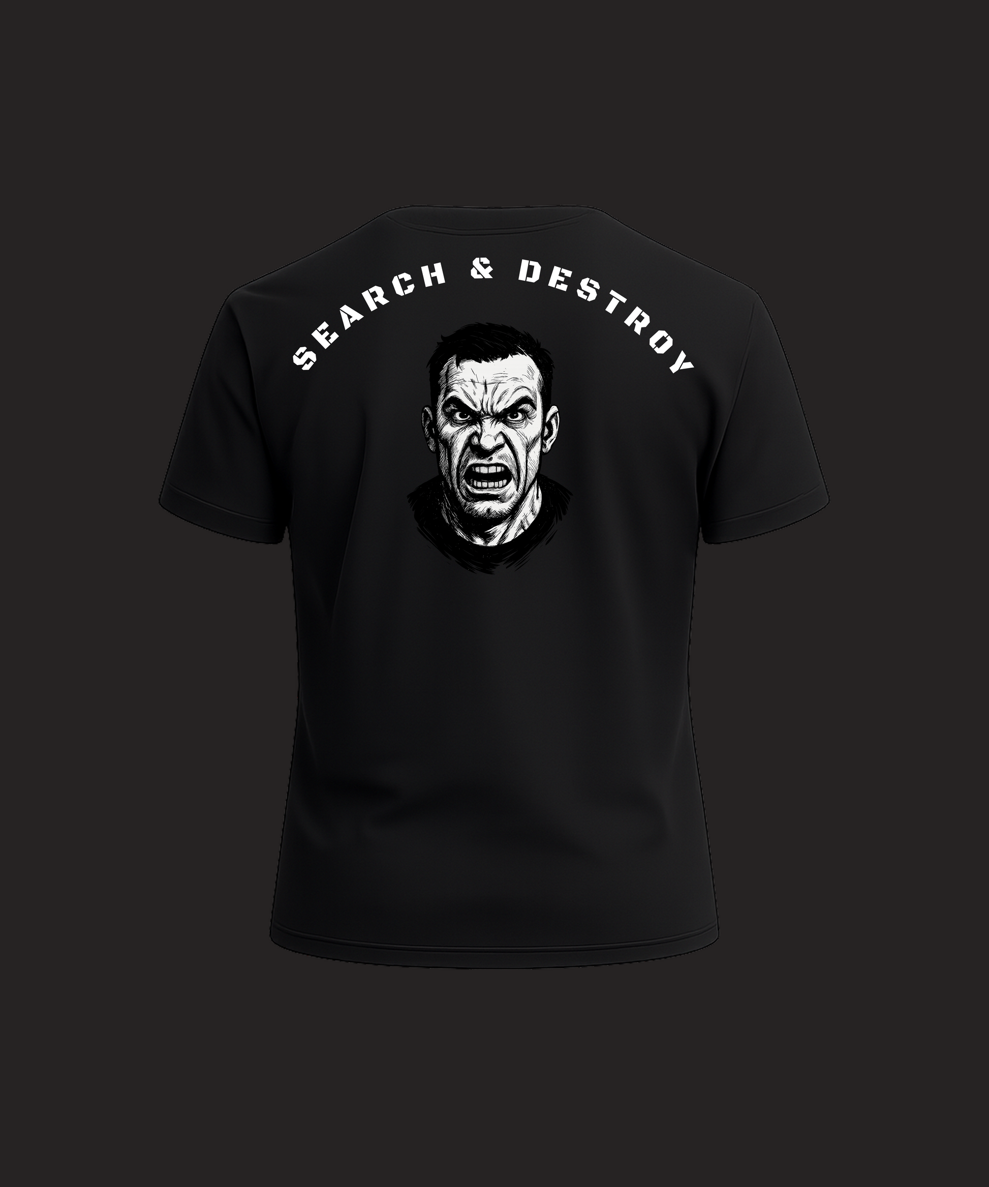 Black t-shirt with graphic design and text 'SEARCH & DESTROY' on a dark background
