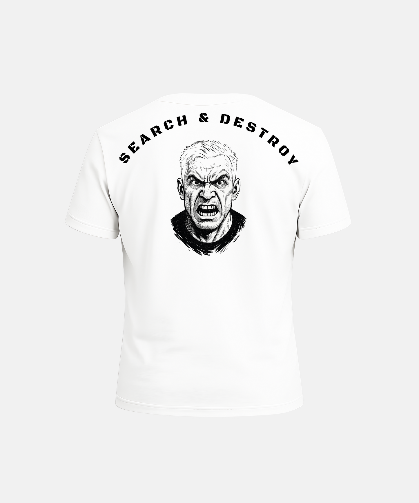 White t-shirt with graphic of a man's face and 'Search & Destroy' text on a white background