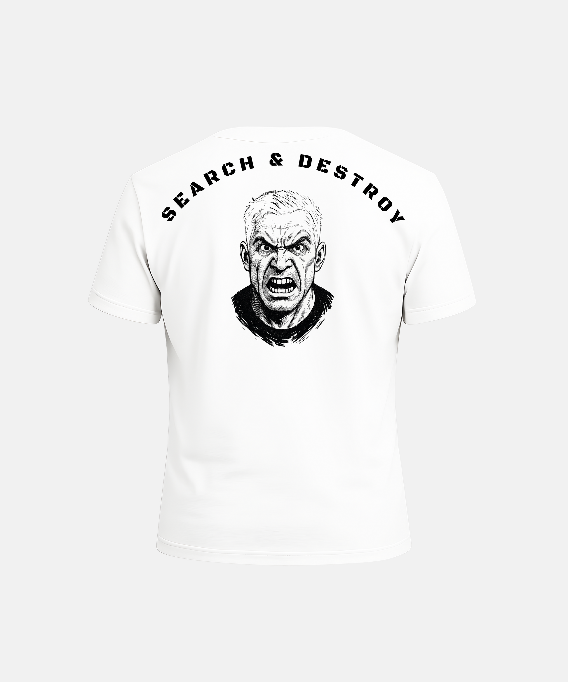 White t-shirt with graphic of a man's face and 'Search & Destroy' text on a white background