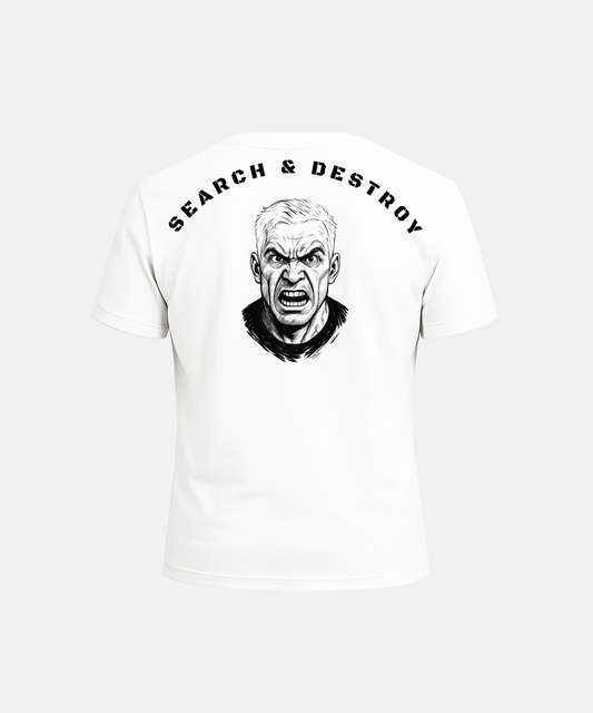White t-shirt with graphic of a man's face and 'Search & Destroy' text on a white background