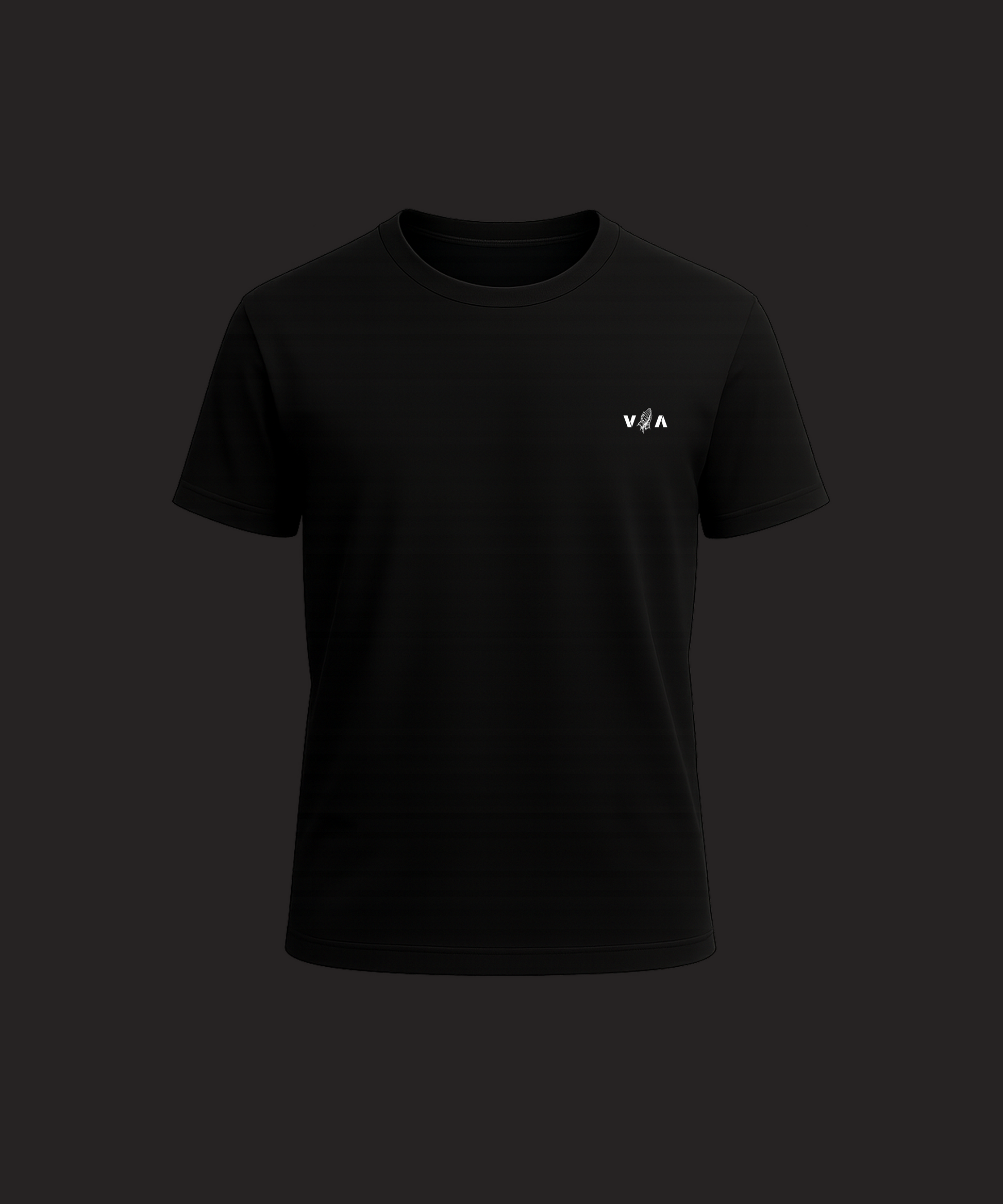 Black t-shirt with a small logo on a black background