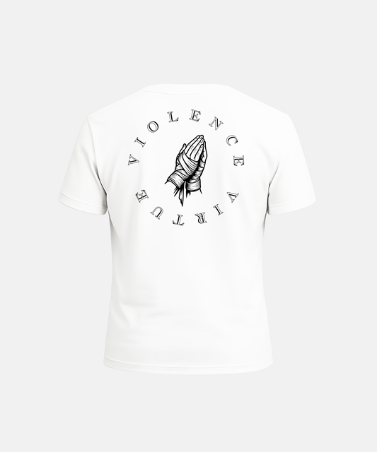 White t-shirt with black graphic design and text on a white background