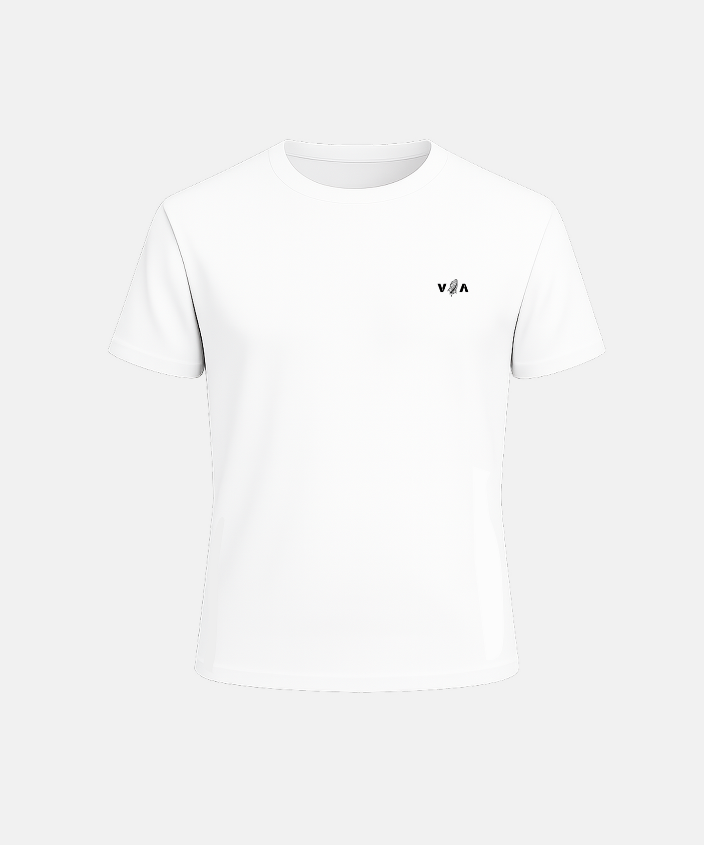 White t-shirt with a small logo on a white background