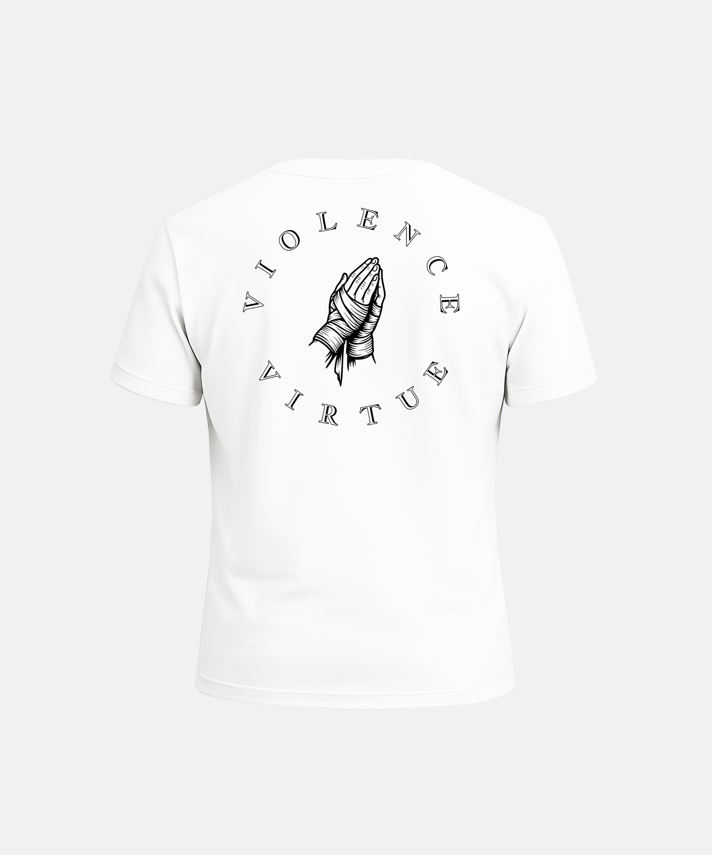 White t-shirt with black graphic design and text on a white background